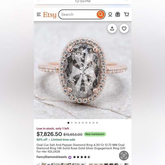 Unique 7.87ct Grey Diamond cushion cut ring with halo. - Picture 9 of 9